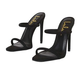 NIB Lulus Theyaa Black Faux Suede Square Toe‎ High Heel Sandals Size 8